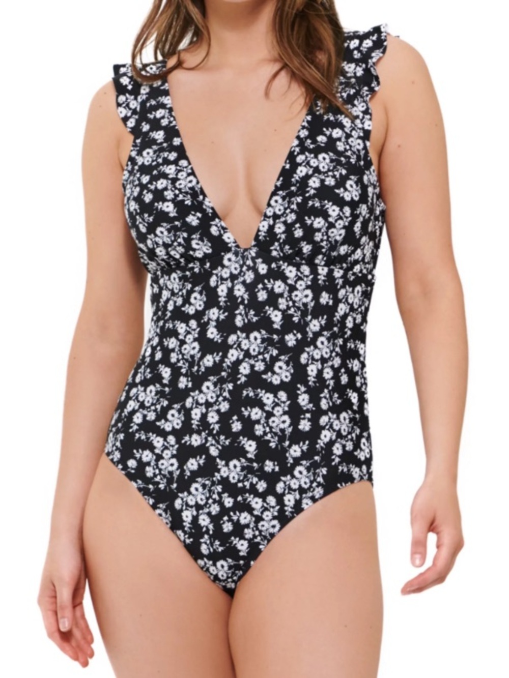 Freshwater Ruffle Longline Black & White Floral One-Piece Swimsuit NWT W
